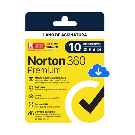 Antivírus Norton 360 Premium - 10 dispositivos - 12 Meses ESD